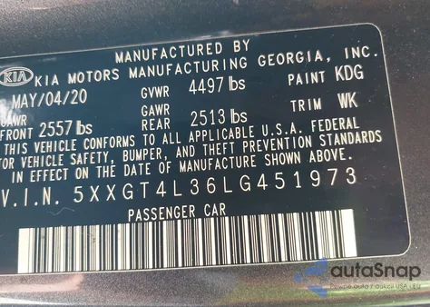 2020 Kia Optima Lx z USA, uszkodzony, nr VIN 5XXGT4L36LG451973